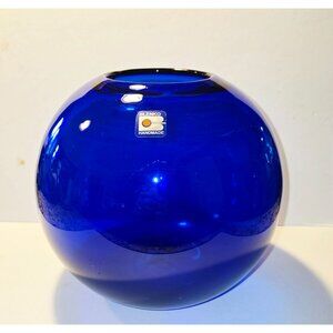 Vintage Blenko Handmade Cobalt Blue Glass Ball Vase
